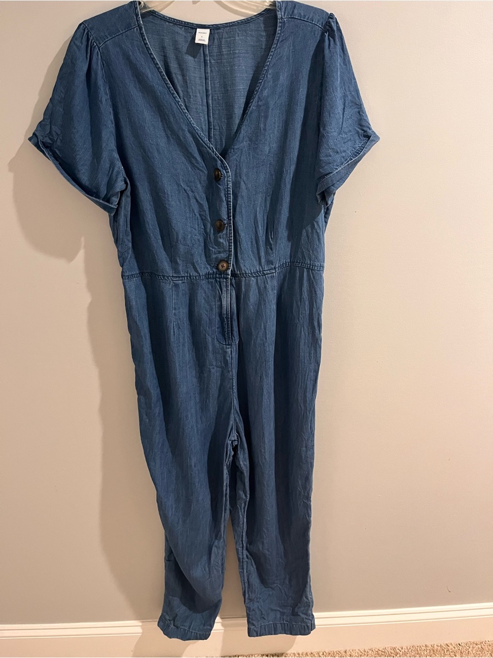 Old Navy Blue Short-Sleeve Washed Chambray Jumpsuit